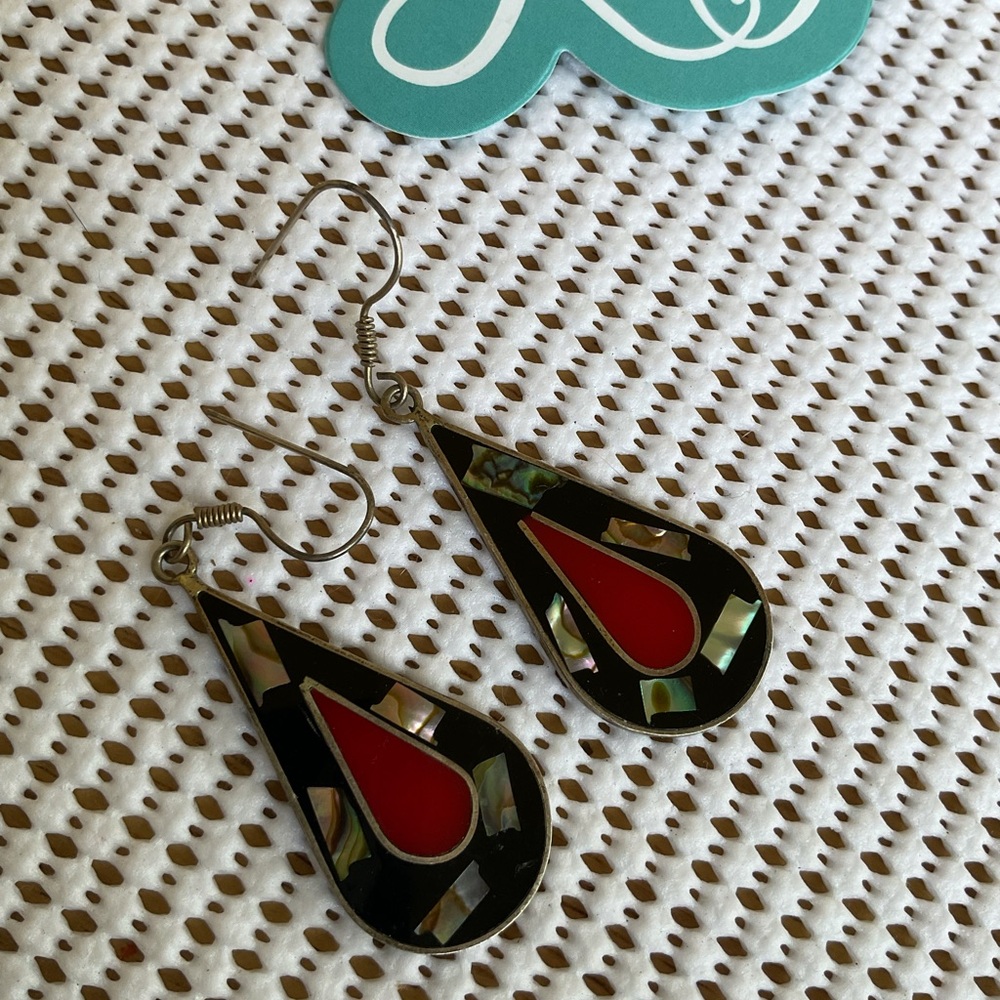Elegant Red and Silver Teardrop Earrings Mexico, alpaca